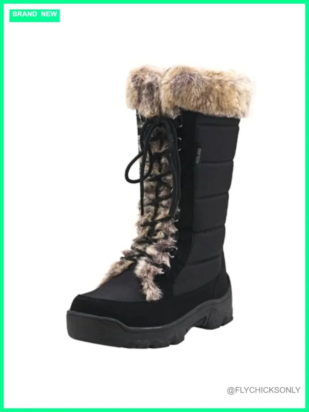 Women's Black Snow Boots Fur Cuff Mid-Calf Waterproof Lace Up Winter